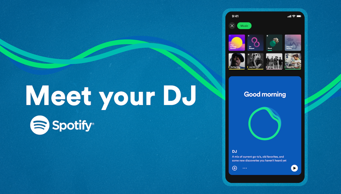 Spotify’s press kit art, which shows the DJ feature available in the Music tab. To the left, the heading above the Spotify logo reads “Meet your DJ”